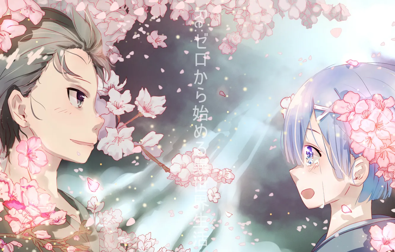 Фото обои цветы, аниме, арт, двое, Субару, Re: Zero kara Hajimeru Isekai Seikatsu, Рем