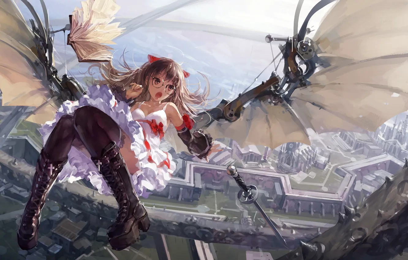 Фото обои девушка, крылья, монстр, меч, аниме, art, механические, Hjl