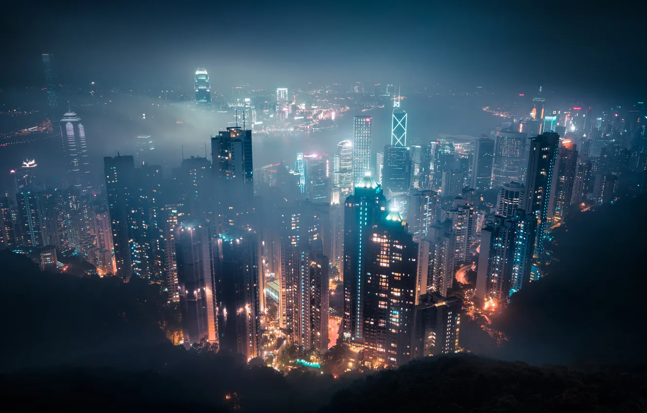 Фото обои lights, огни, туман, China, здания, Гонконг, Китай, полночь