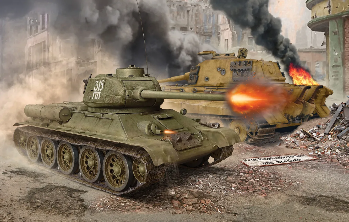Фото обои Огонь, Tiger II, Т-34-85, Королевский Тигр, Средний Танк, Тяжёлый Танк