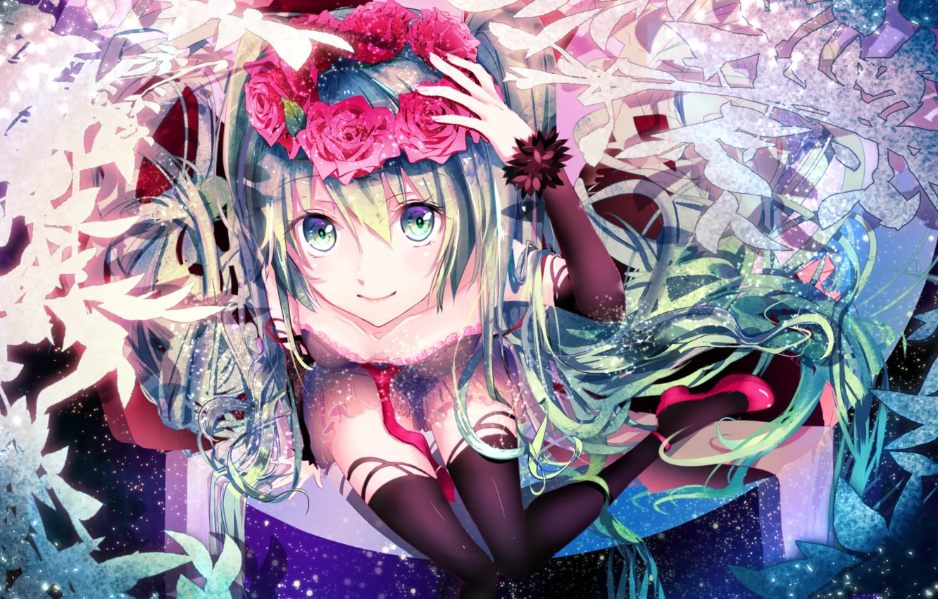 Фото обои взгляд, девушка, vocaloid, hatsune miku, long hair, flowers, twintails, aqua eyes