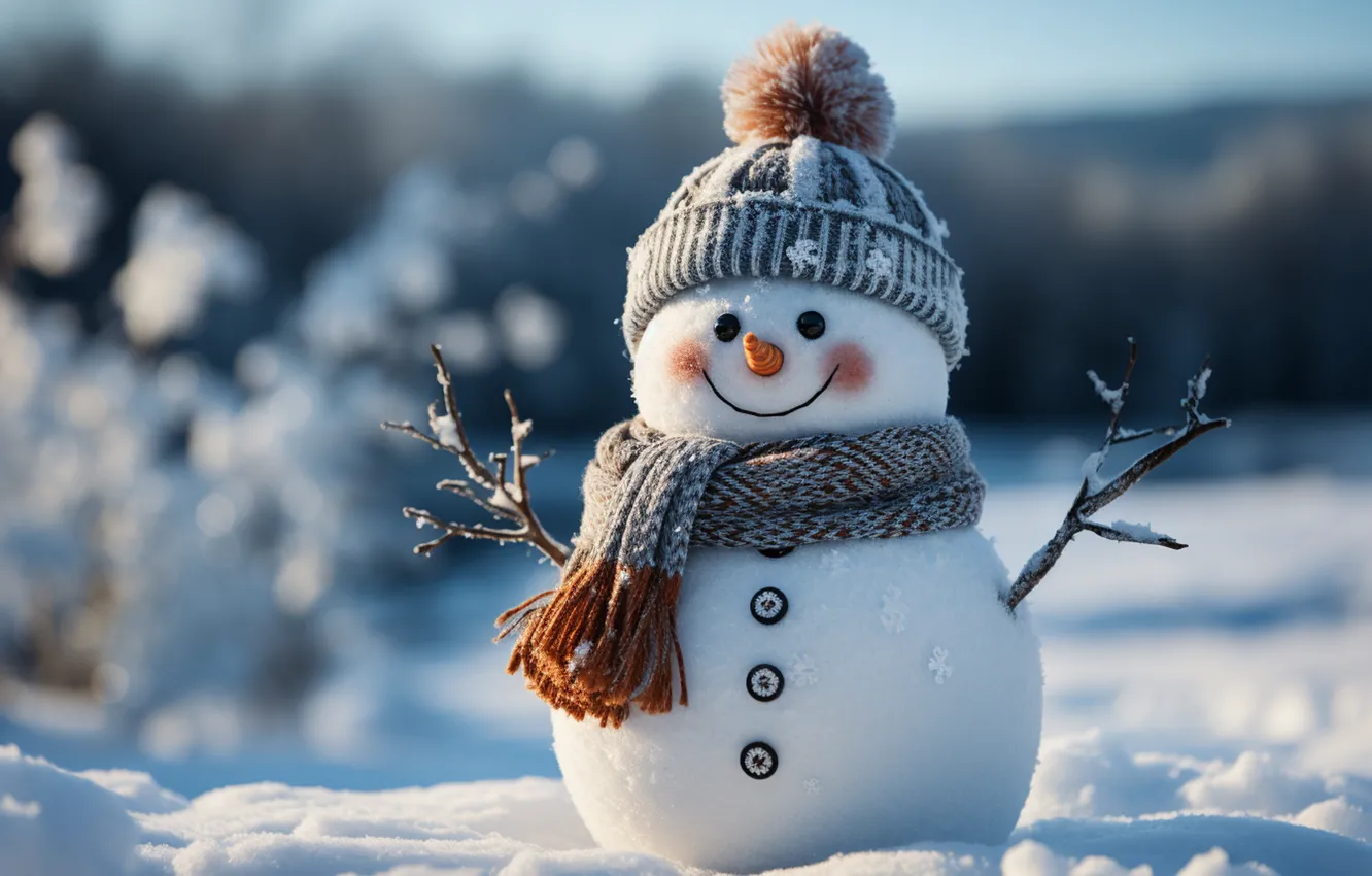 Фото обои зима, снег, Новый Год, Рождество, снеговик, happy, Christmas, winter