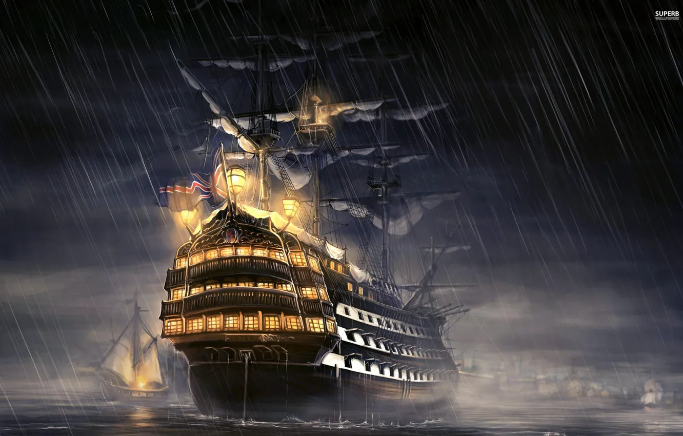 Фото обои Rain, Battleship, Sea