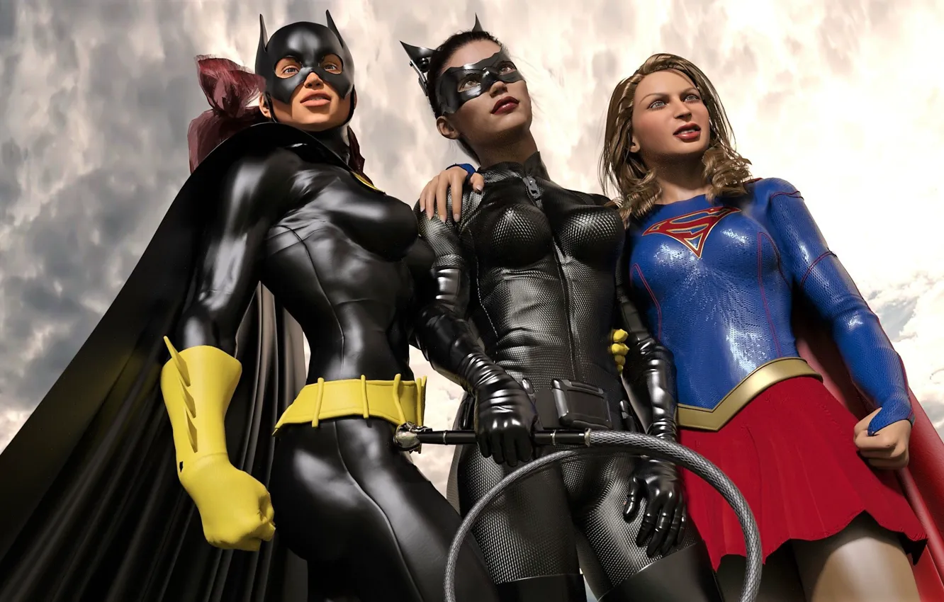 Фото обои женщины, небо, тучи, костюмы, catwoman with other heroes