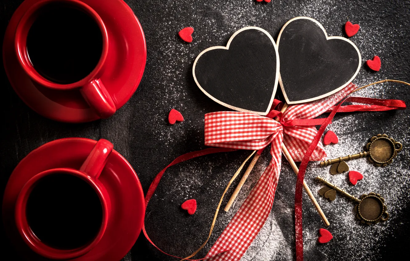 Фото обои сердце, кофе, чашки, бант, heart, cup, Coffee, Valentines Day