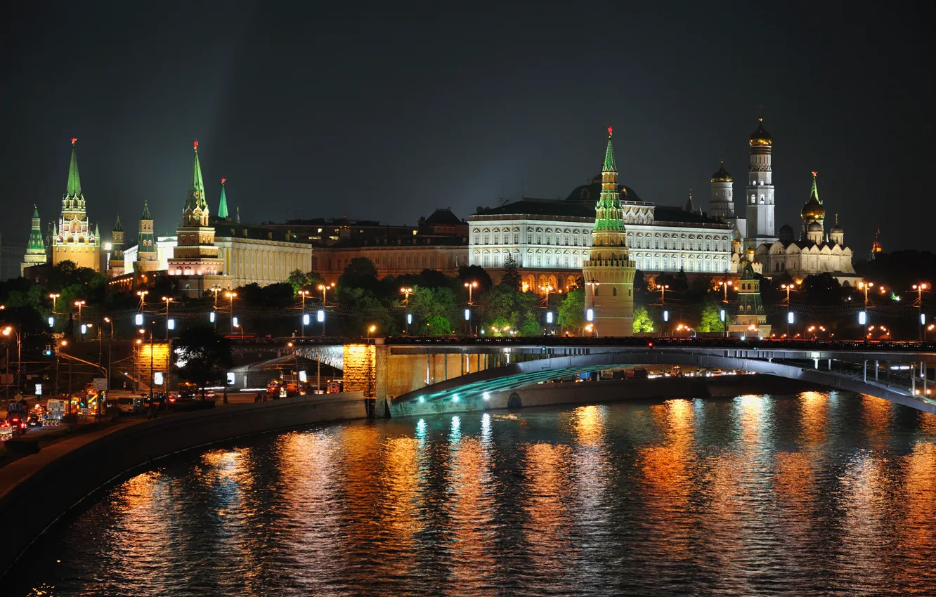 Фото обои ночь, город, огни, москва