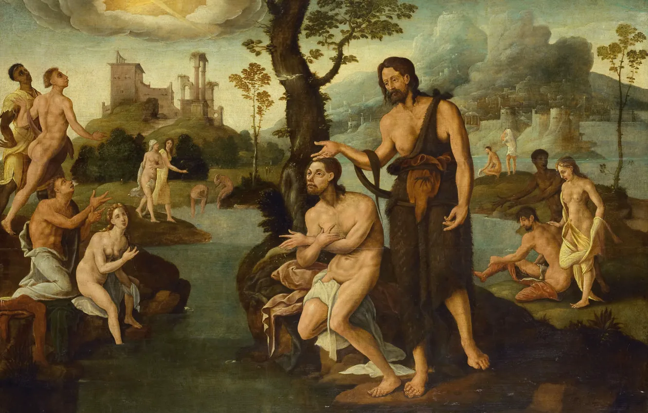 Фото обои дерево, масло, картина, религия, мифология, Ян ван Скорел, Крещение Христа