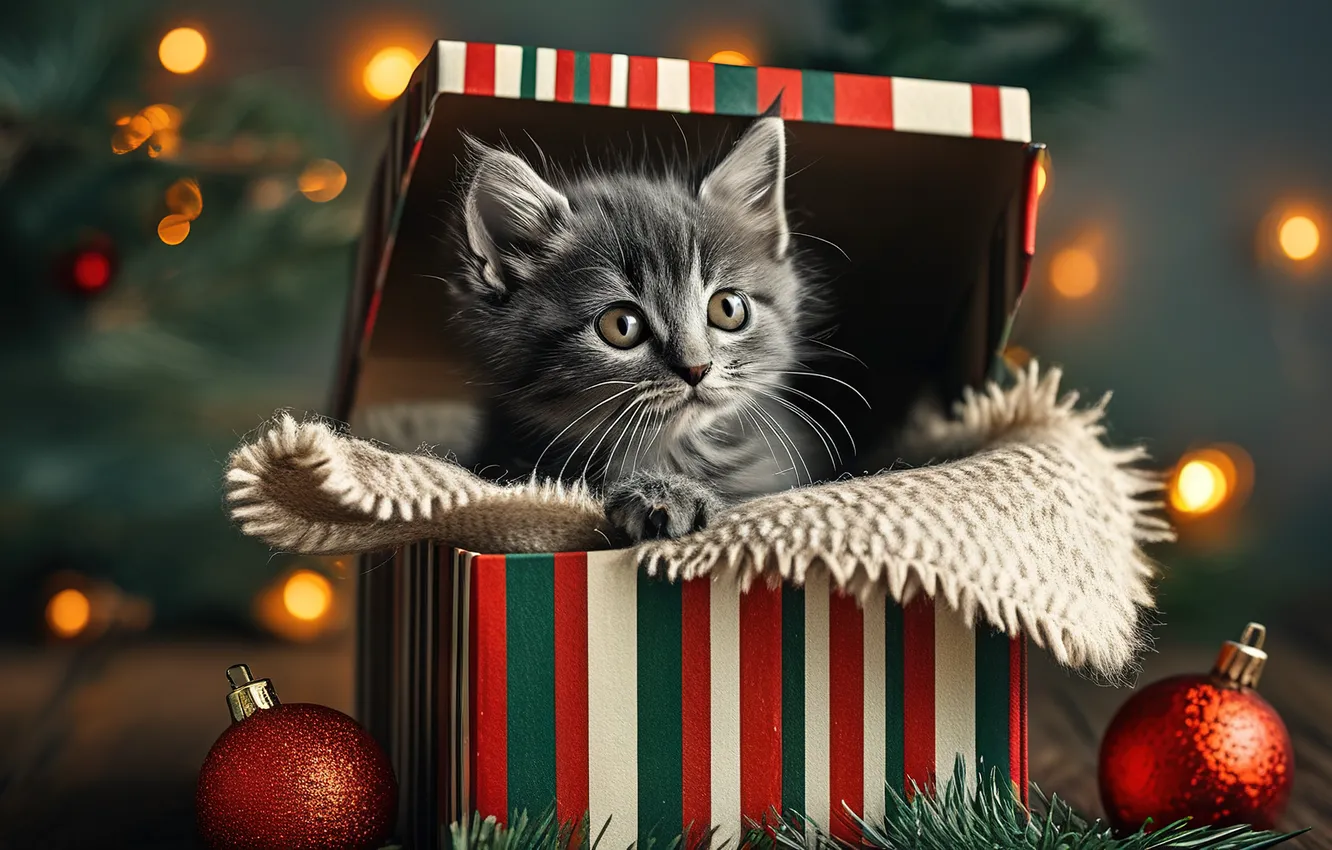 Фото обои кошка, взгляд, шарики, полоски, поза, котенок, серый, комната