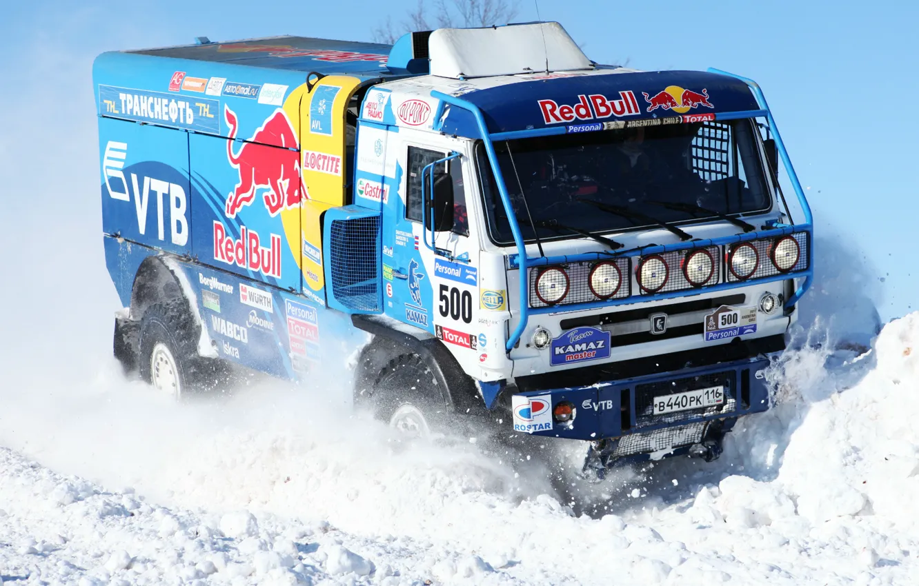 Фото обои Зима, Синий, Снег, Грузовик, Red Bull, 500, Kamaz, Rally