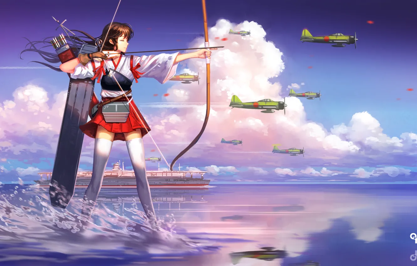 Фото обои девушка, самолет, океан, рисунок, корабль, аниме, лучница, арт