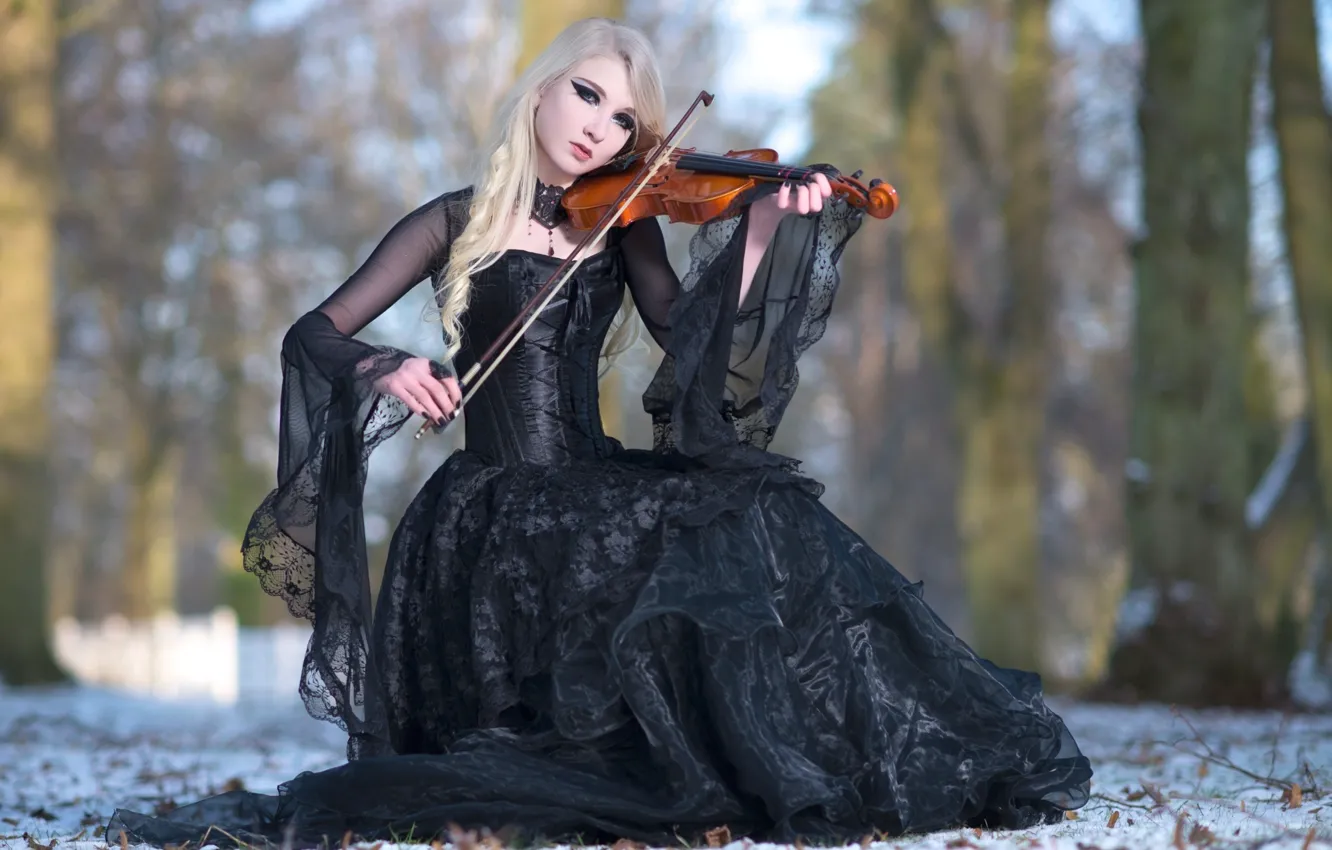 Фото обои Winter, Snow, Blonde, Violin, Black Dress, Maria Amanda, Stock, Winters Melody