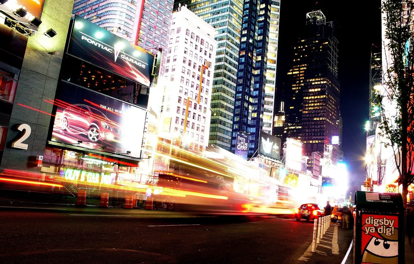 Фото обои ночь, Нью-Йорк, Манхеттен, рекламы