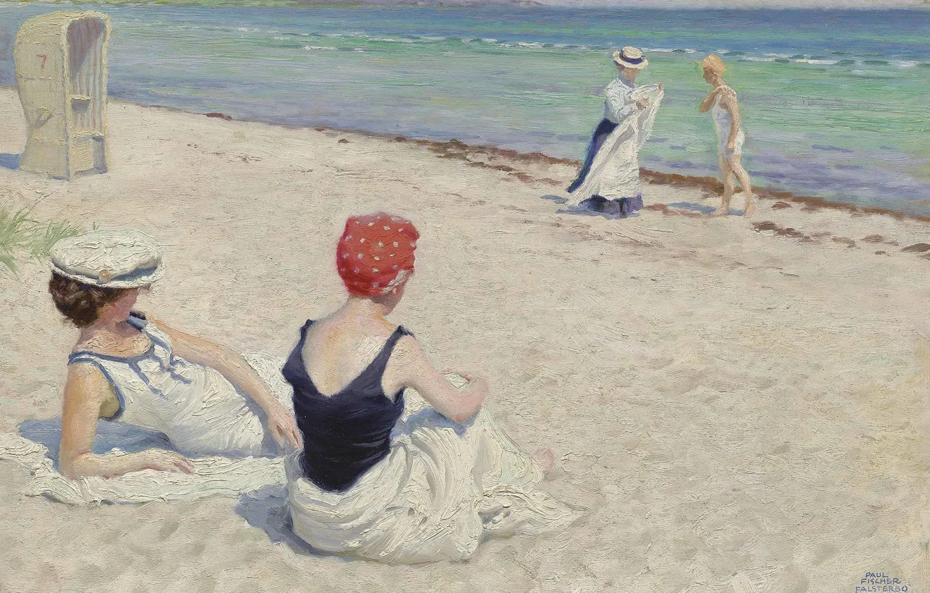 Фото обои датский живописец, На пляже, Danish painter, Поль Густав Фишер, Paul Gustav Fischer, oil on canvas, …