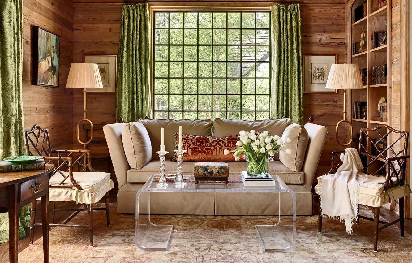 Фото обои дизайн, стиль, интерьер, софа, гостиная, Rustic chic living room with pecky cypress walls