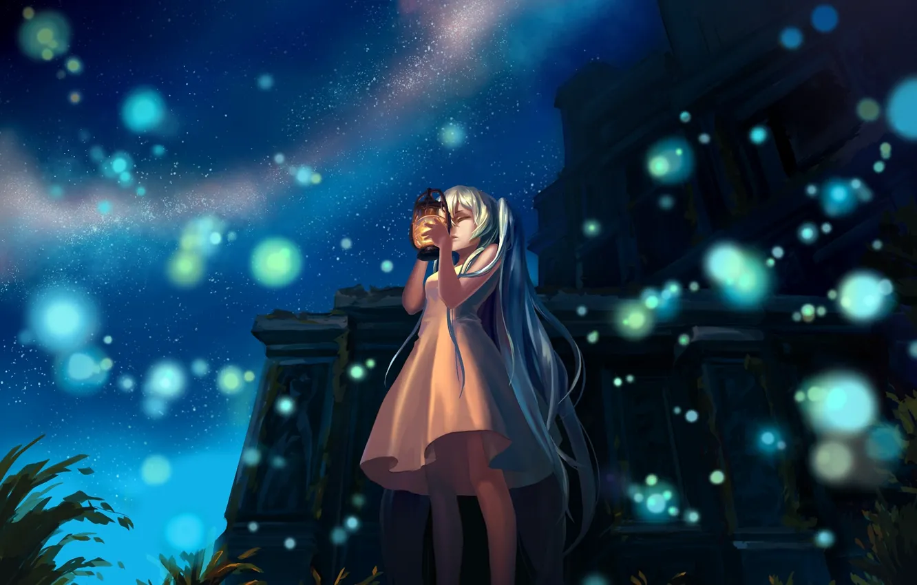 Фото обои девушка, ночь, здание, огоньки, арт, фонарь, руины, vocaloid