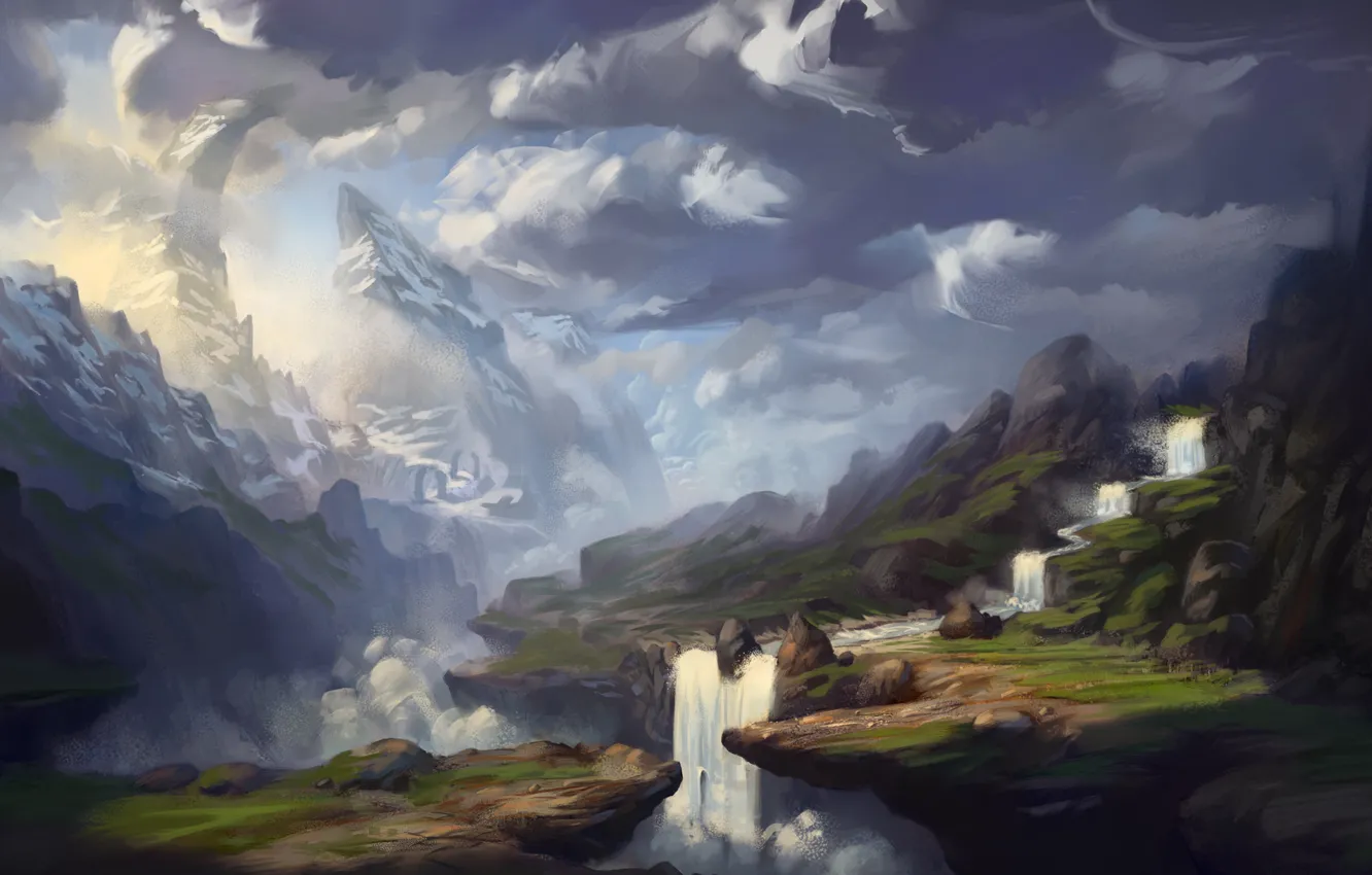 Фото обои облака, горы, река, водопад, арт, нарисованный пейзаж