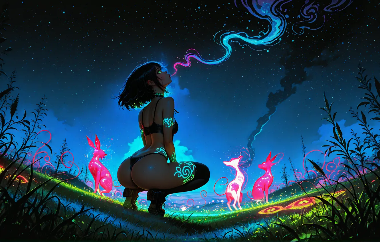 Фото обои ass, bright colors, glowing, nightscape, Stable Diffusion, AI art, neon, psychedelic