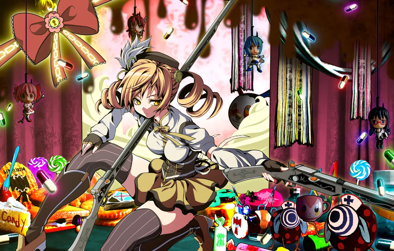 Фото обои девушка, оружие, арт, ружье, чиби, револьвер, сладкое, mahou shoujo madoka magica