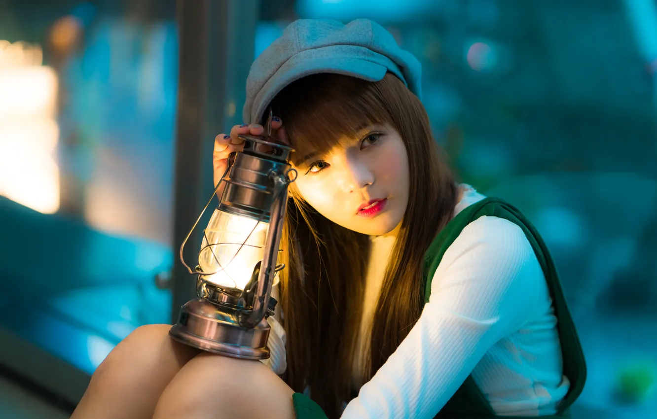 Фото обои девушка, свет, лампа, азиатка, милашка