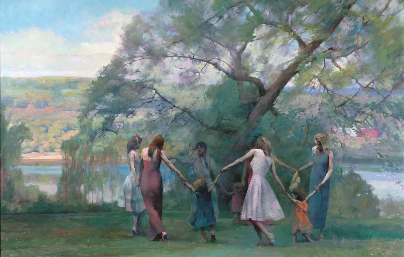 Фото обои дети, девушки, дерево, на природе, River, Hudson, хоровод, HongNian Zhang