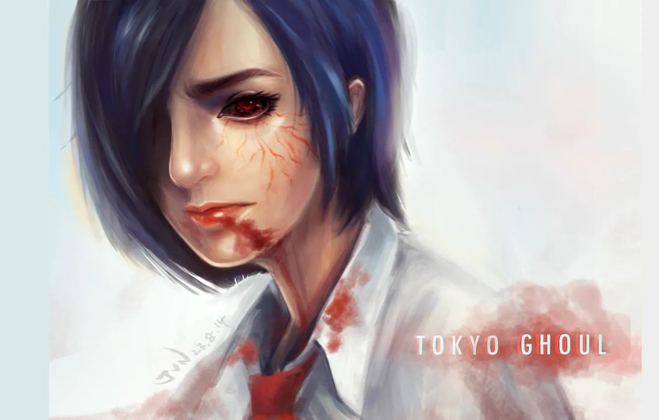Фото обои красные глаза, голод, кровь на губах, брызги крови, Tokyo Ghoul, Touka Kirishima