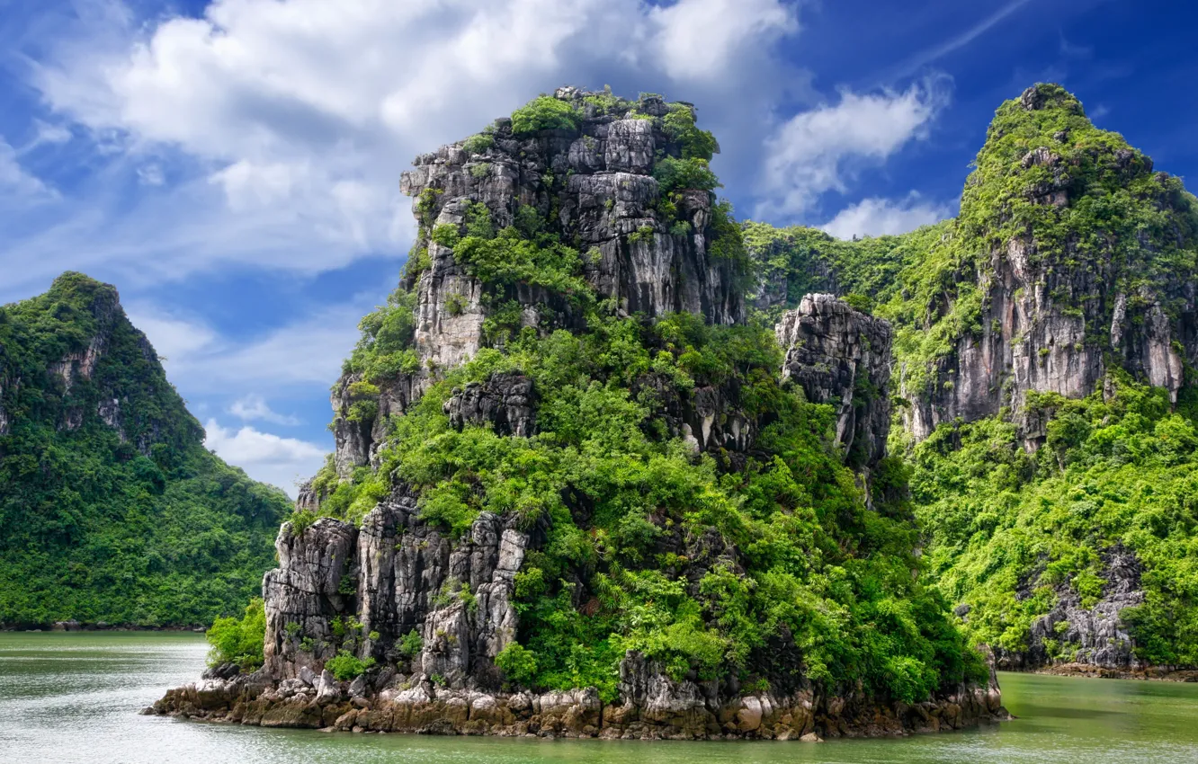 Фото обои море, зелень, горы, тропики