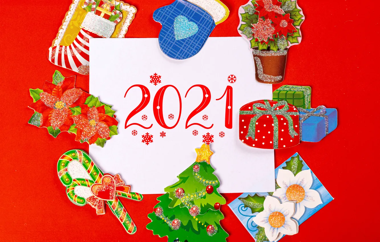 Фото обои подарки, Новый год, леденцы, ёлка, варежки, коробки, 2021