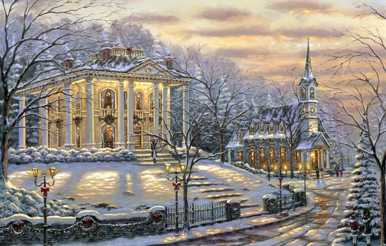Фото обои снег, украшения, огни, дом, Robert Finale