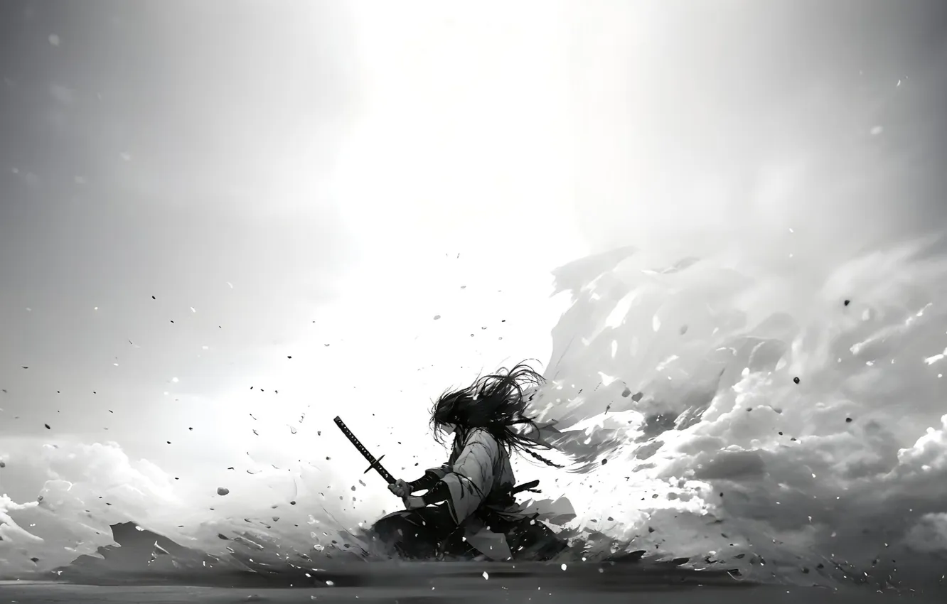 Фото обои sword, fantasy, minimalism, katana, digital art, artwork, Samurai, warrior