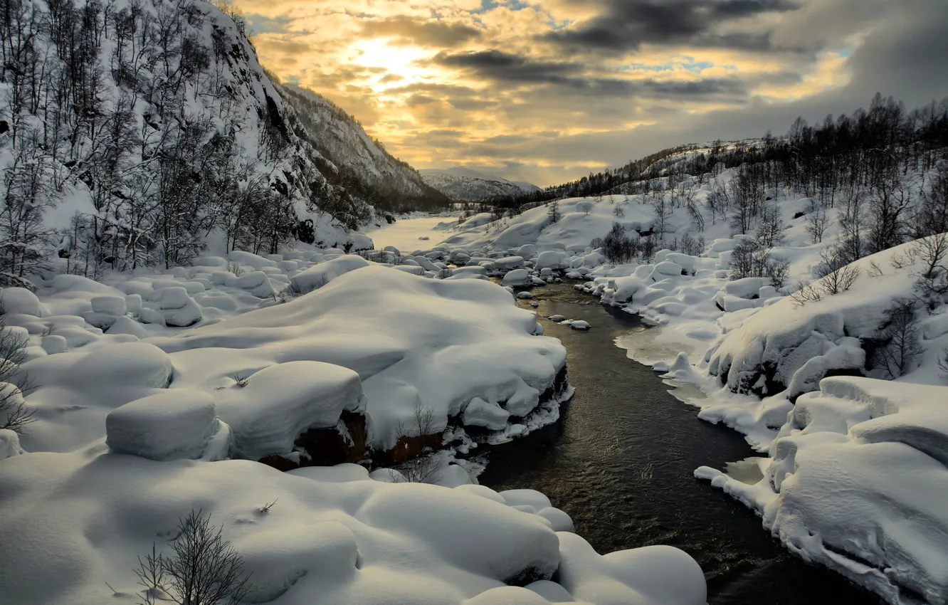 Фото обои зима, небо, солнце, снег, горы, река