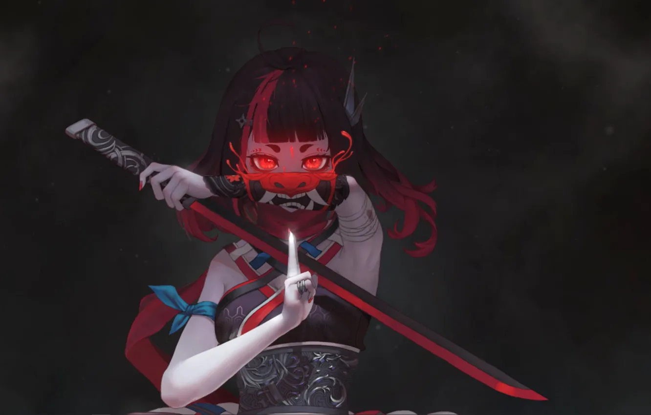 Фото обои девушка, красный, темный фон, меч, аниме, дьявол, red, girl
