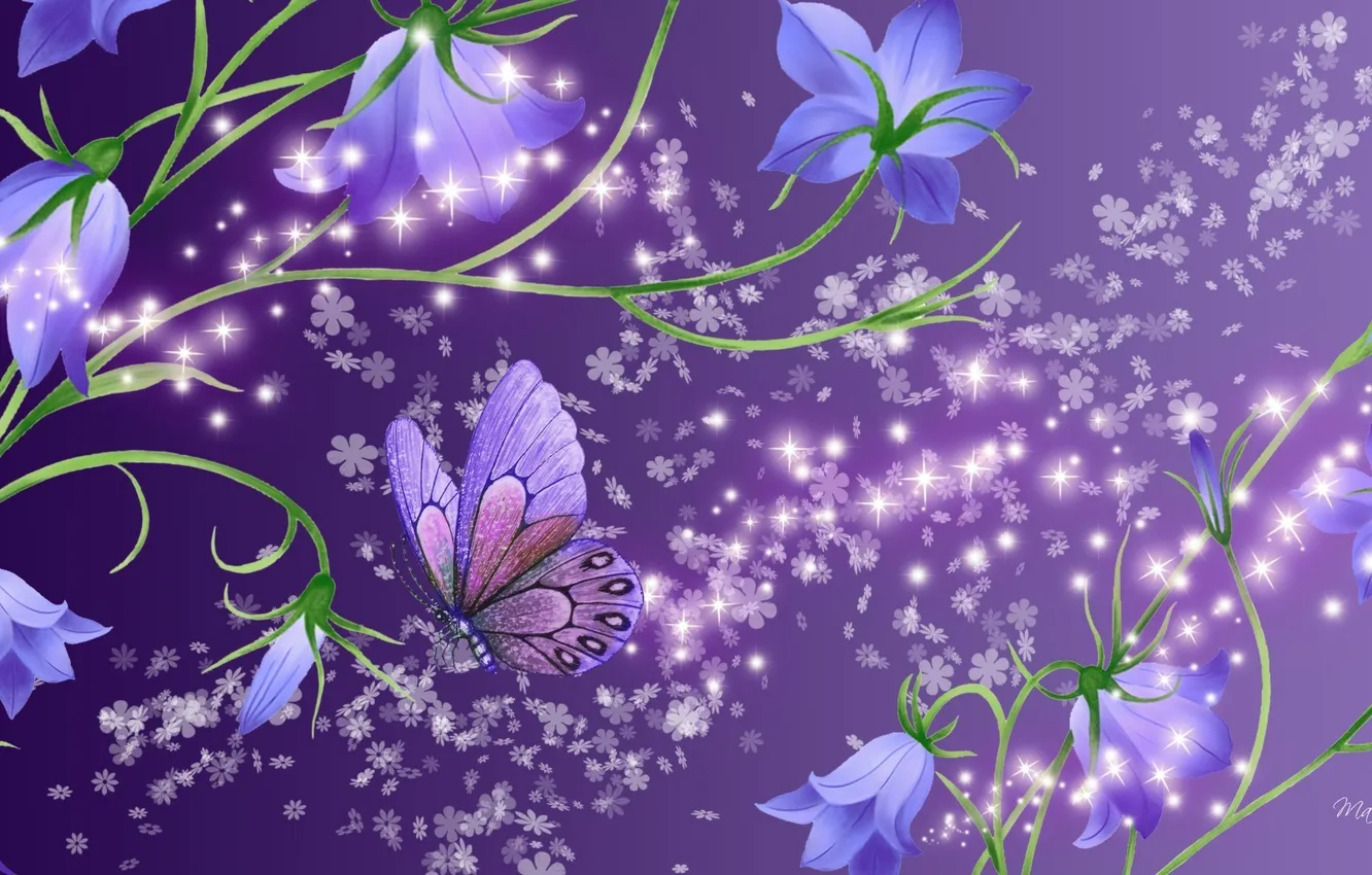 Фото обои цветы, бабочка, колокольчики