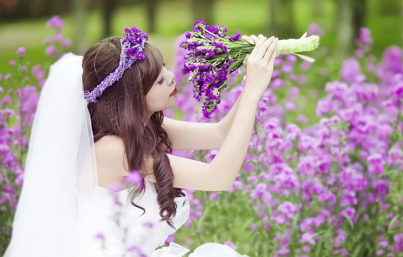 Фото обои девушка, цветы, настроение