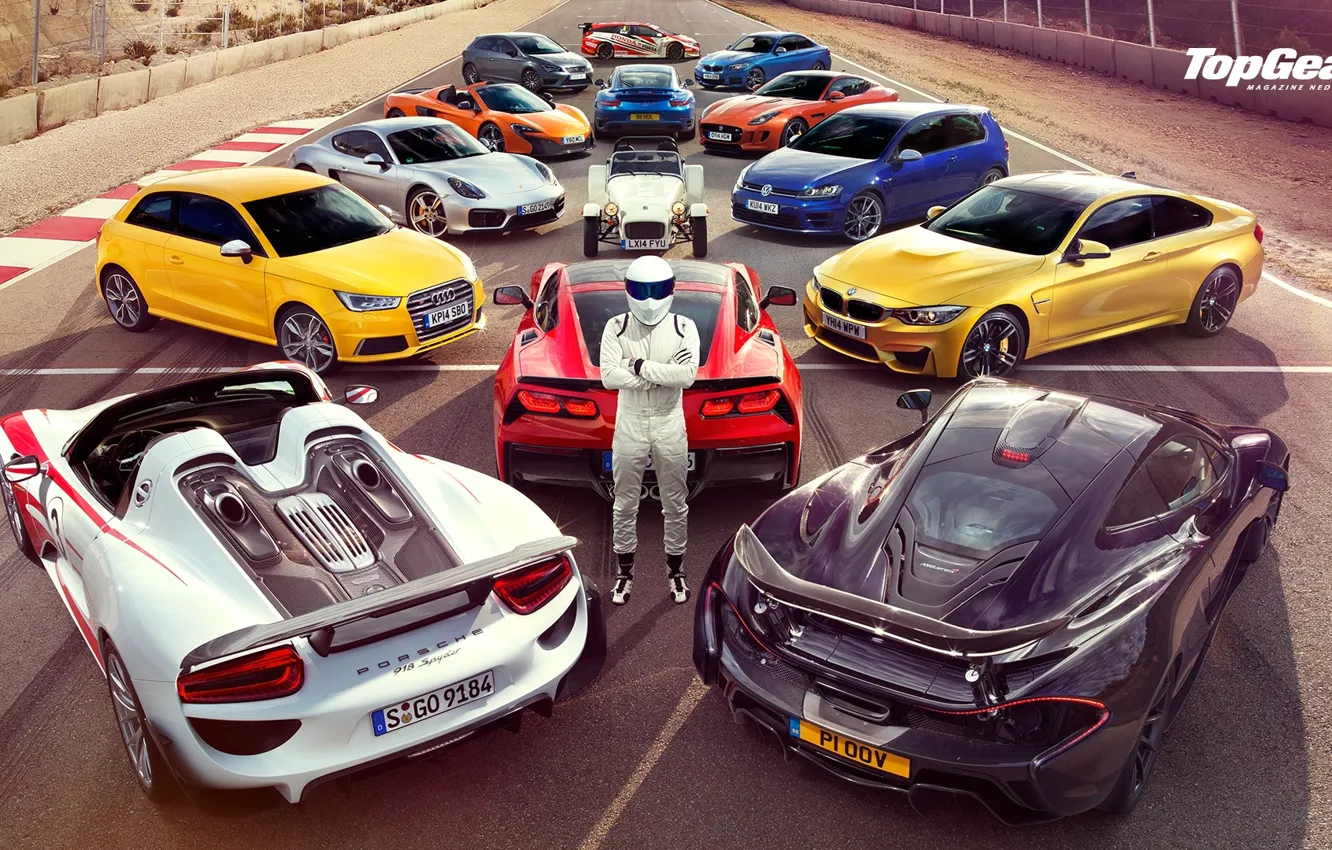 Фото обои Top Gear, Wallpaper, Stig, Supercars, Volkswagen Golf, Porsche 918, BMW M4, McLaren P1