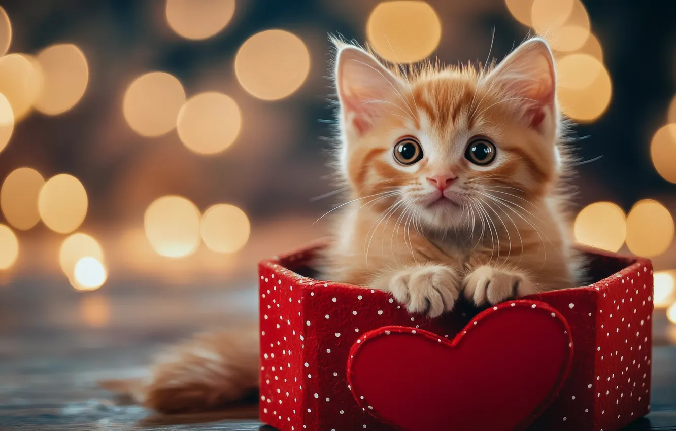Фото обои кошка, взгляд, поза, котенок, коробка, сердце, рыжий, мордашка