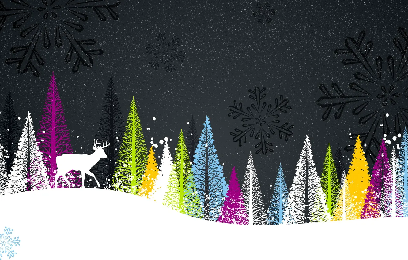 Фото обои зима, праздник, коллаж, новый год, олень, снежинка, открытка, рождестко