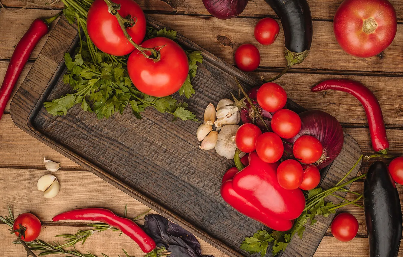 Фото обои зелень, красный, перец, овощи, помидоры