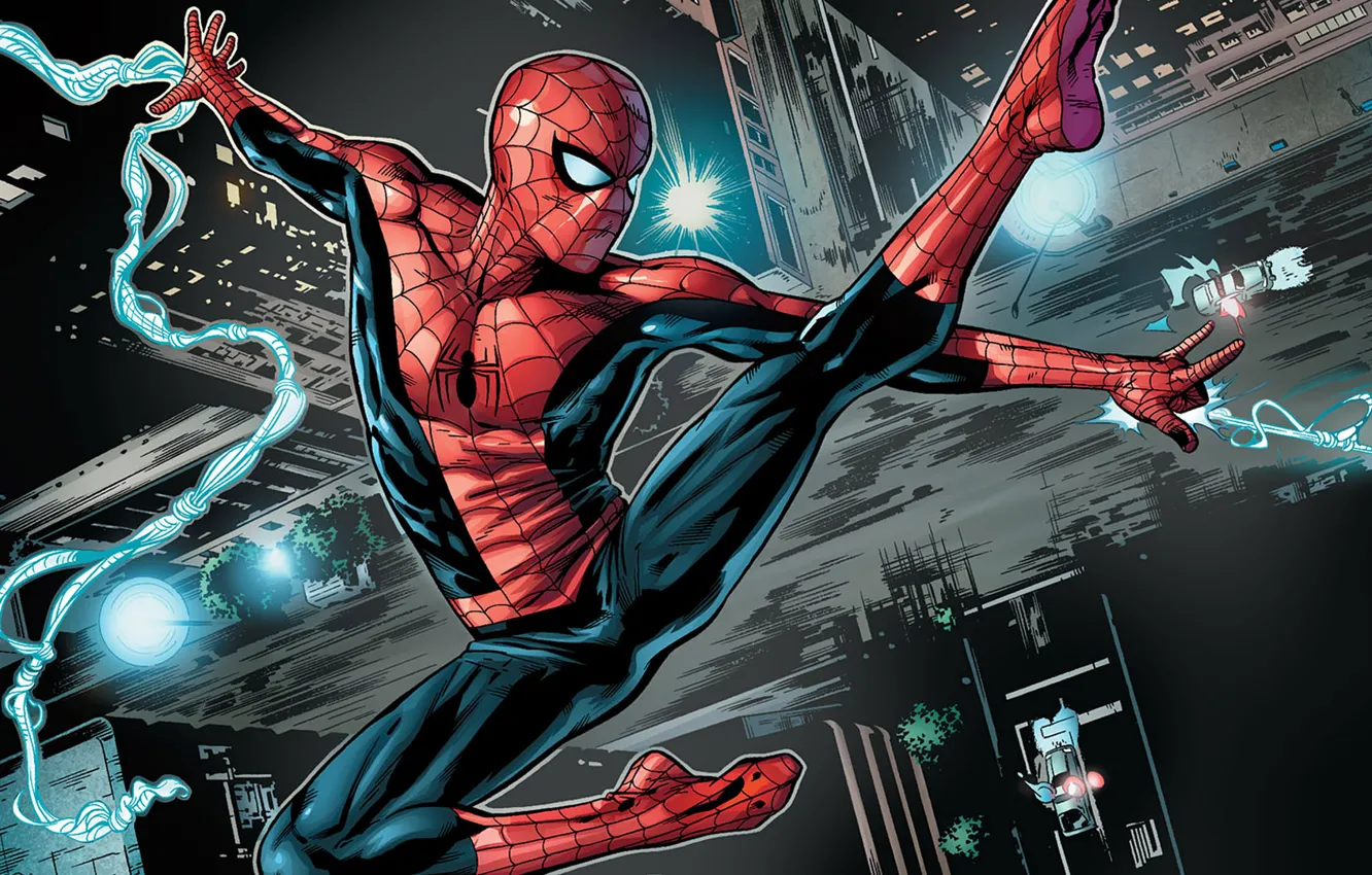Фото обои spider-man, полёт, человек паук