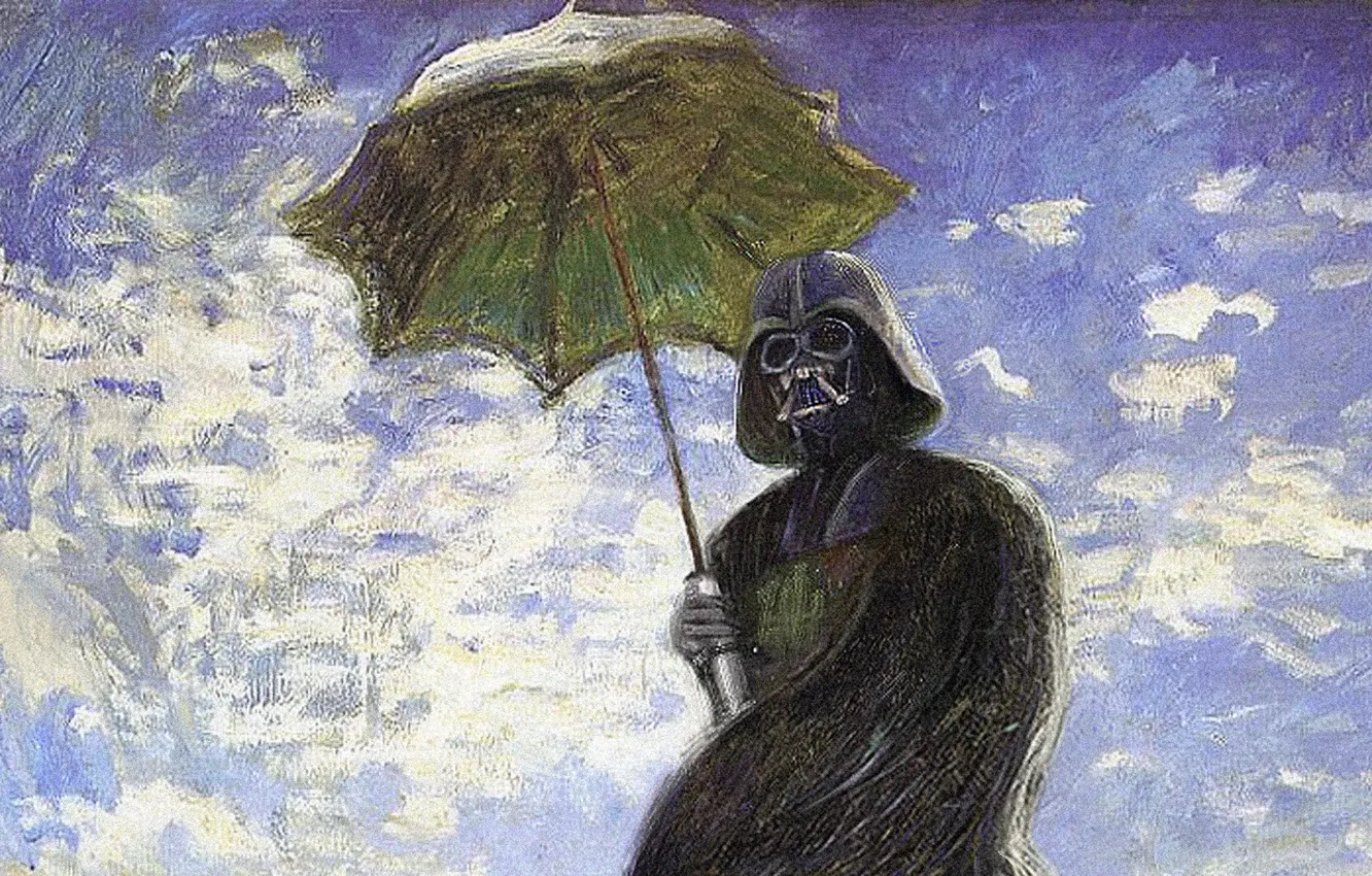 Фото обои небо, зонтик, картина, Star Wars, шлем, плащ, дарт вейдер, маслом