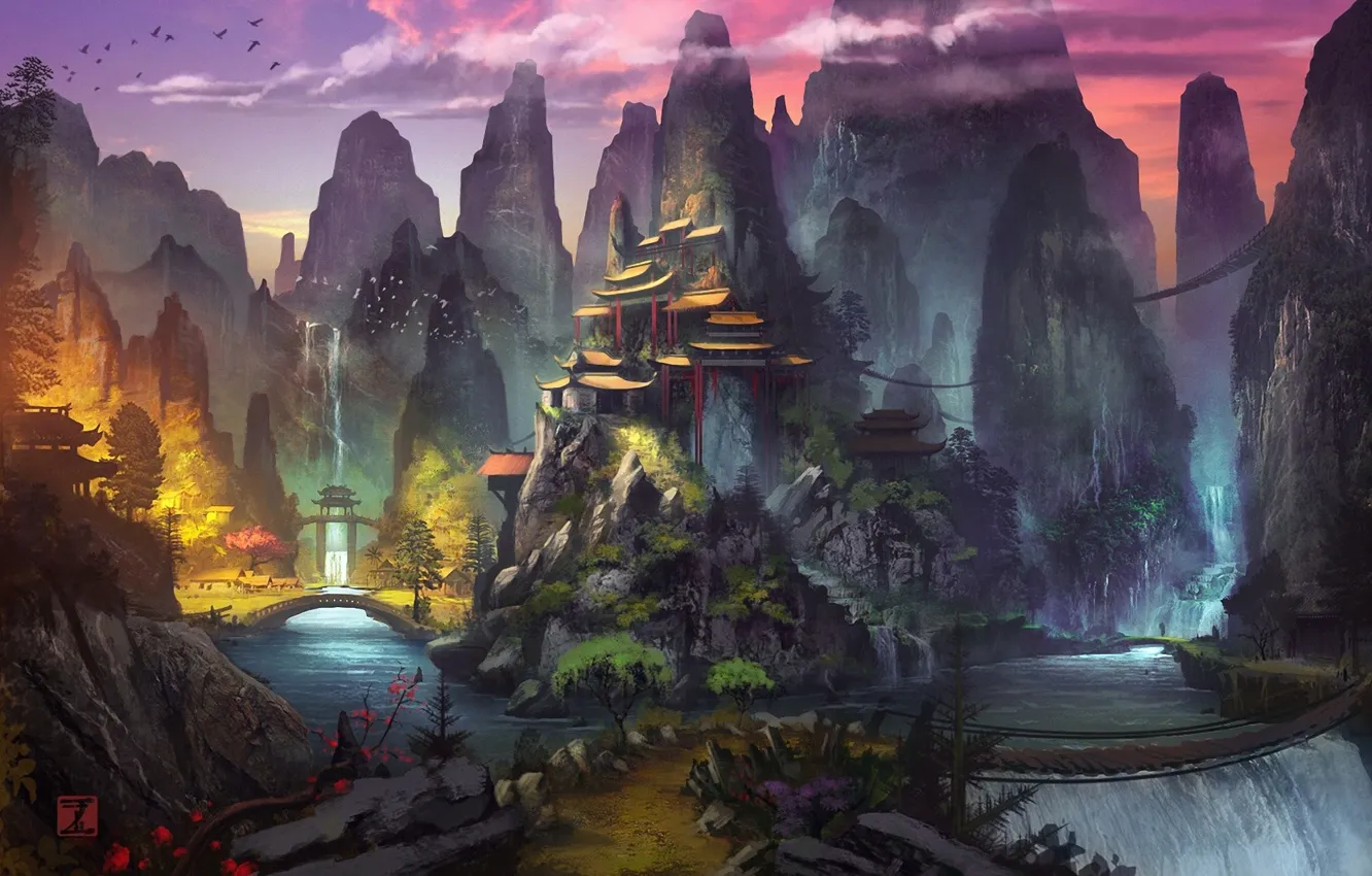 Фото обои горы, птицы, мост, водопад, арт, храм, нарисованный пейзаж