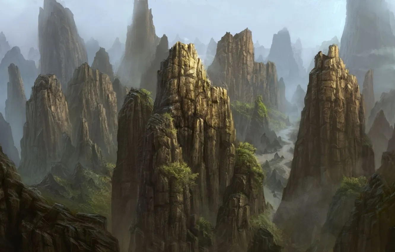 Фото обои деревья, горы, туман, река, скалы, арт