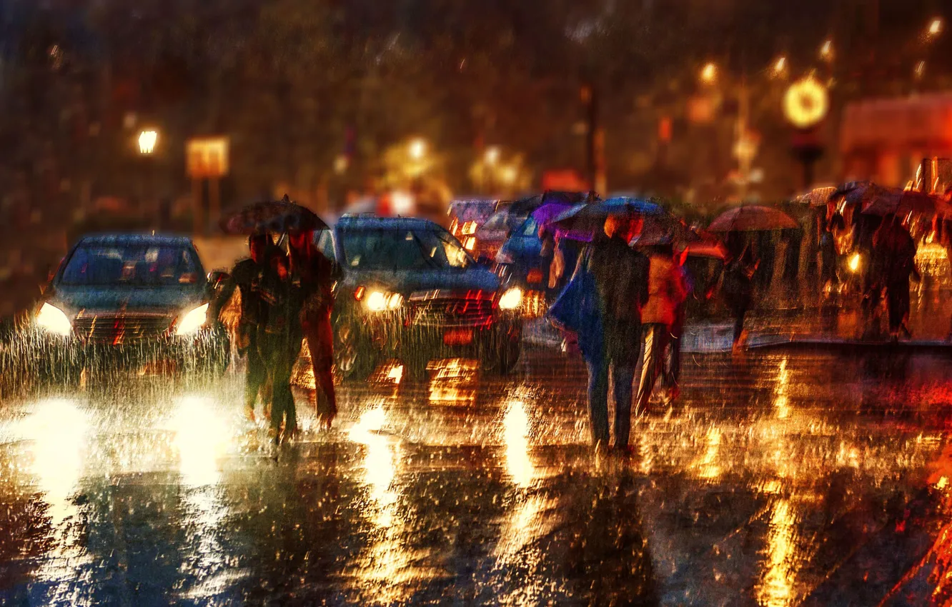 Фото обои машины, city, город, люди, дождь, rain, cars, people