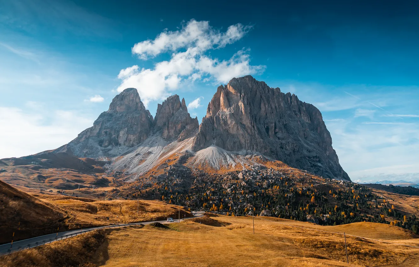 Фото обои Небо, Облака, Горы, Осень, Деревня, Дороги, Италия, Italy