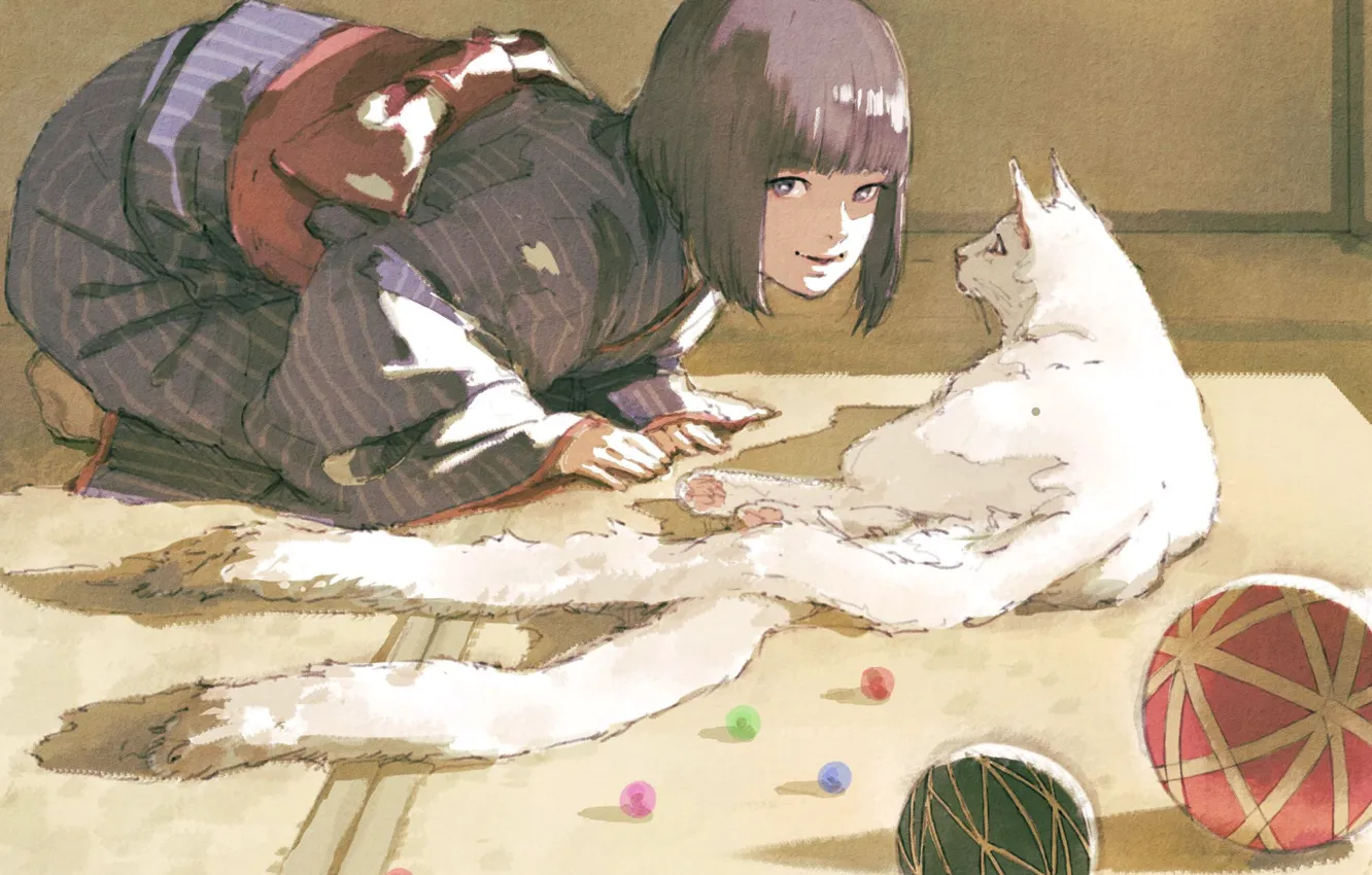 Фото обои кошка, девушка, шарики, rakugaki