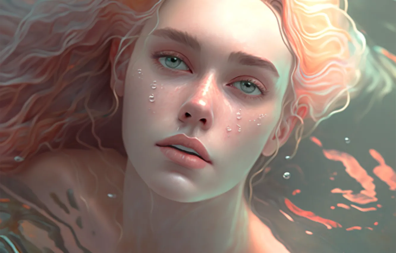 Фото обои Вода, Девушка, Взгляд, Русалка, Волосы, Mermaid
