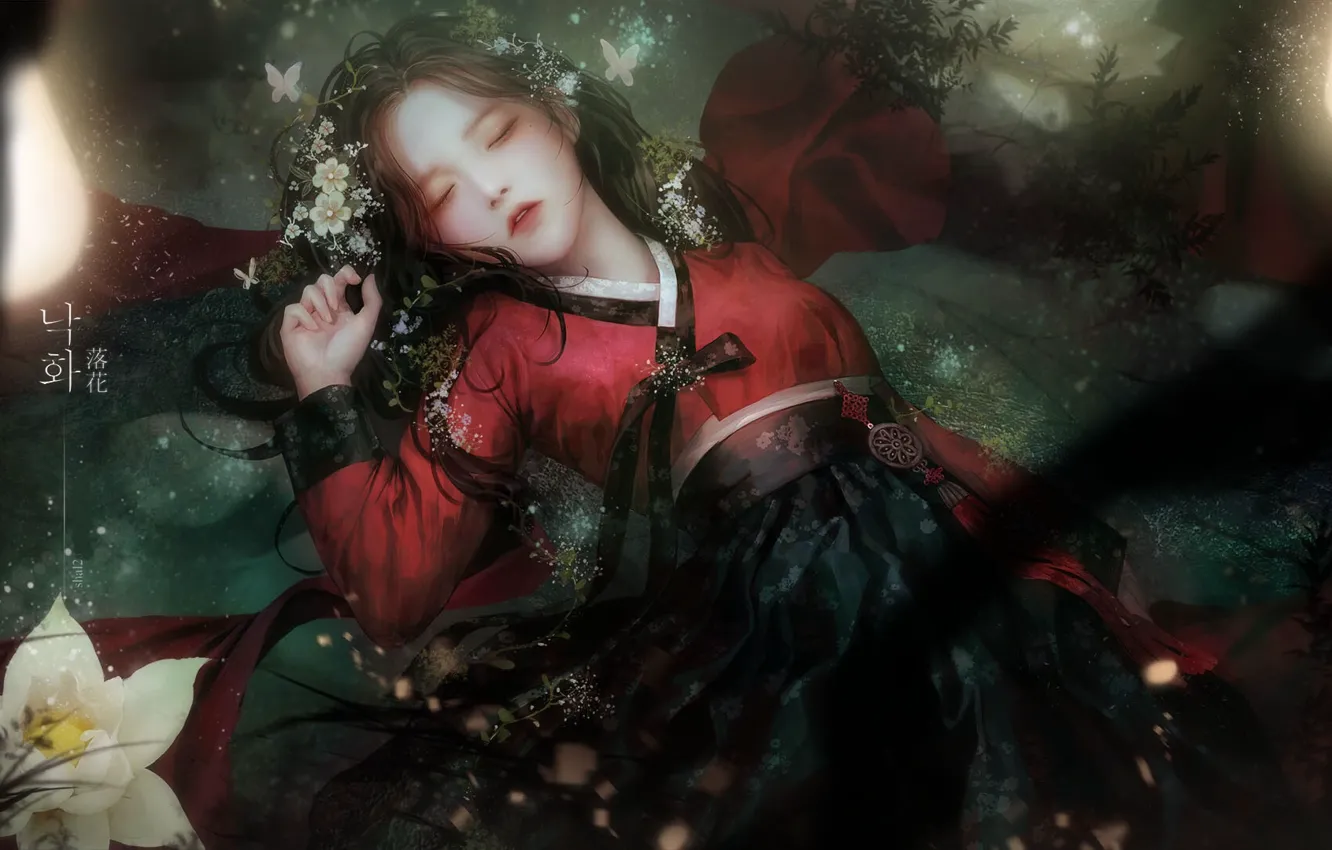 Фото обои вода, девушка, цветы, лежит, азиатка