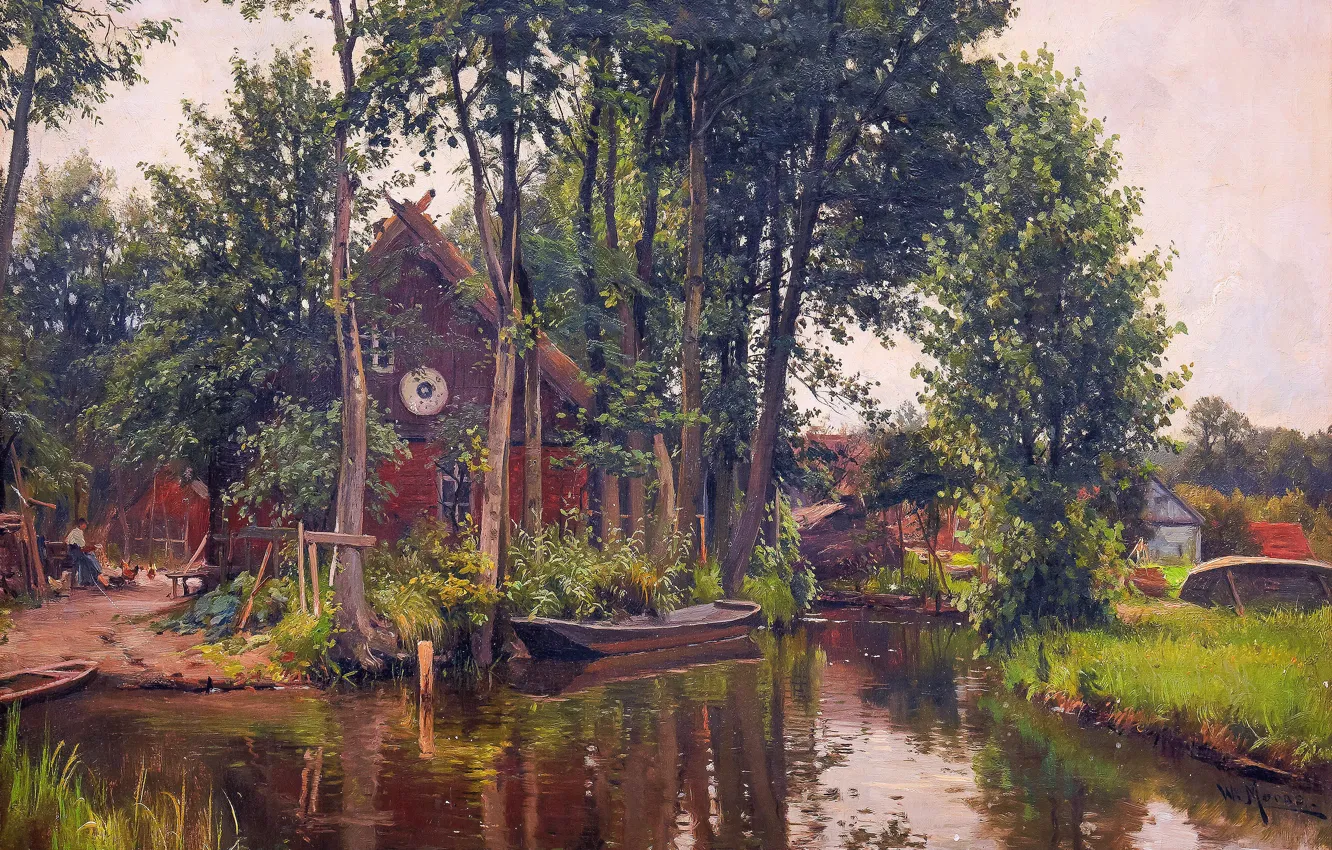 Фото обои Дома, Деревья, Река, Лодка, Картина, Walter Moras, Вальтер Морас, Река протекающая через деревню