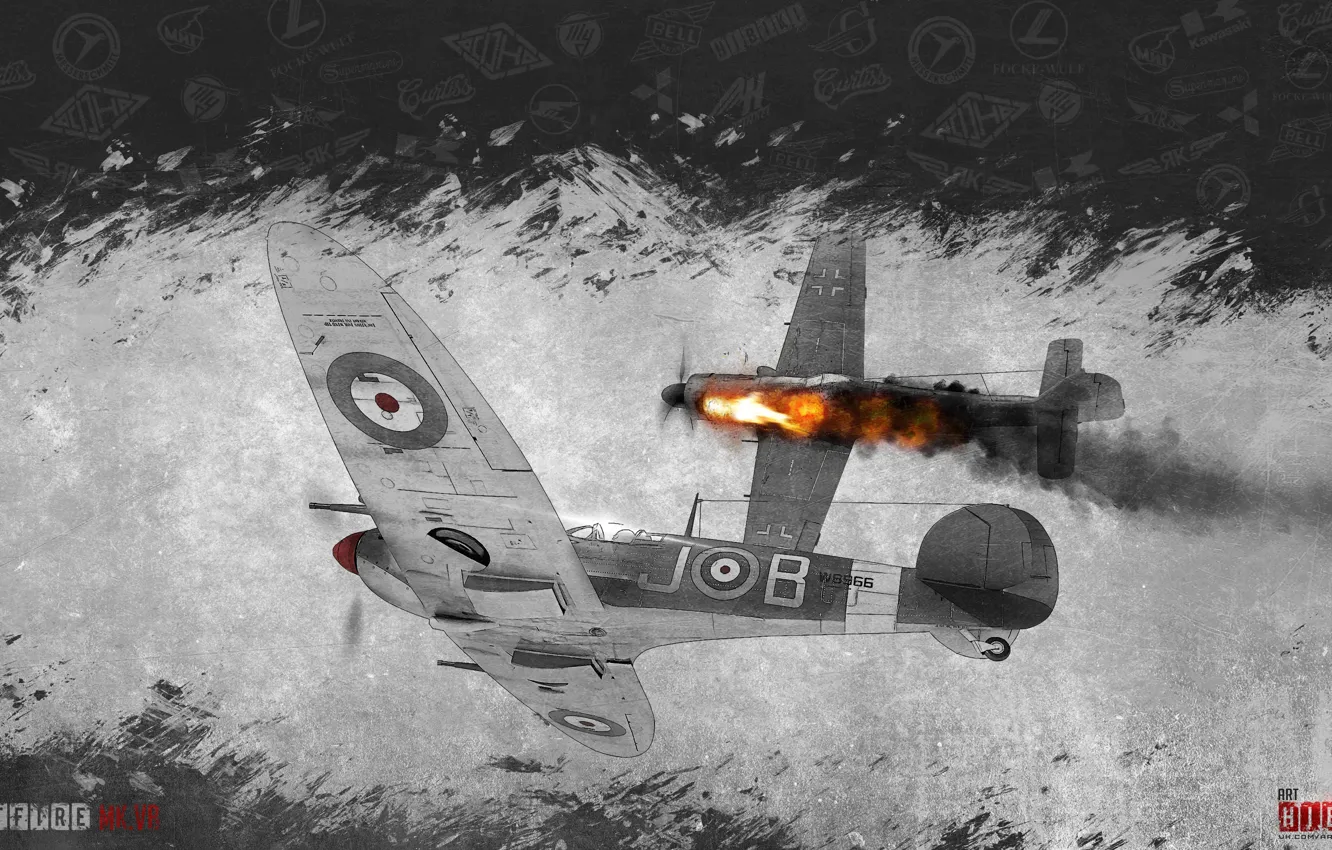 Фото обои небо, облака, самолет, война, минимализм, истребитель, Spitfire, World of Warplanes
