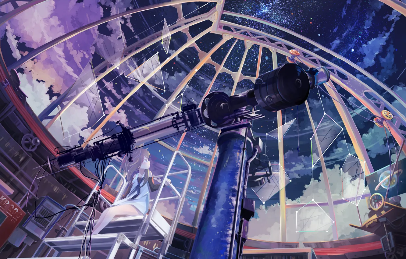 Фото обои небо, девушка, звезды, облака, аниме, арт, телескоп, remosse512