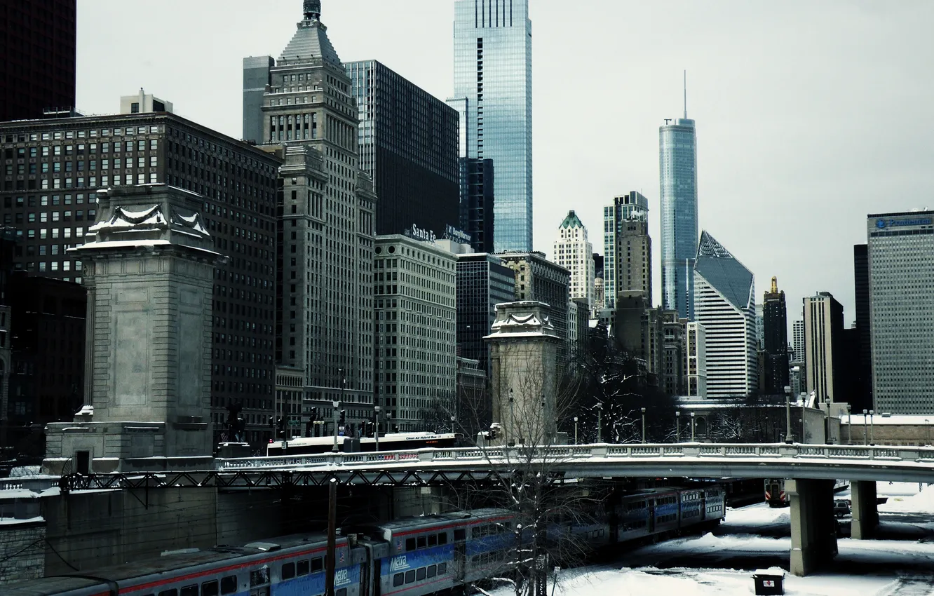 Фото обои зима, снег, мост, здания, небоскребы, америка, чикаго, Chicago